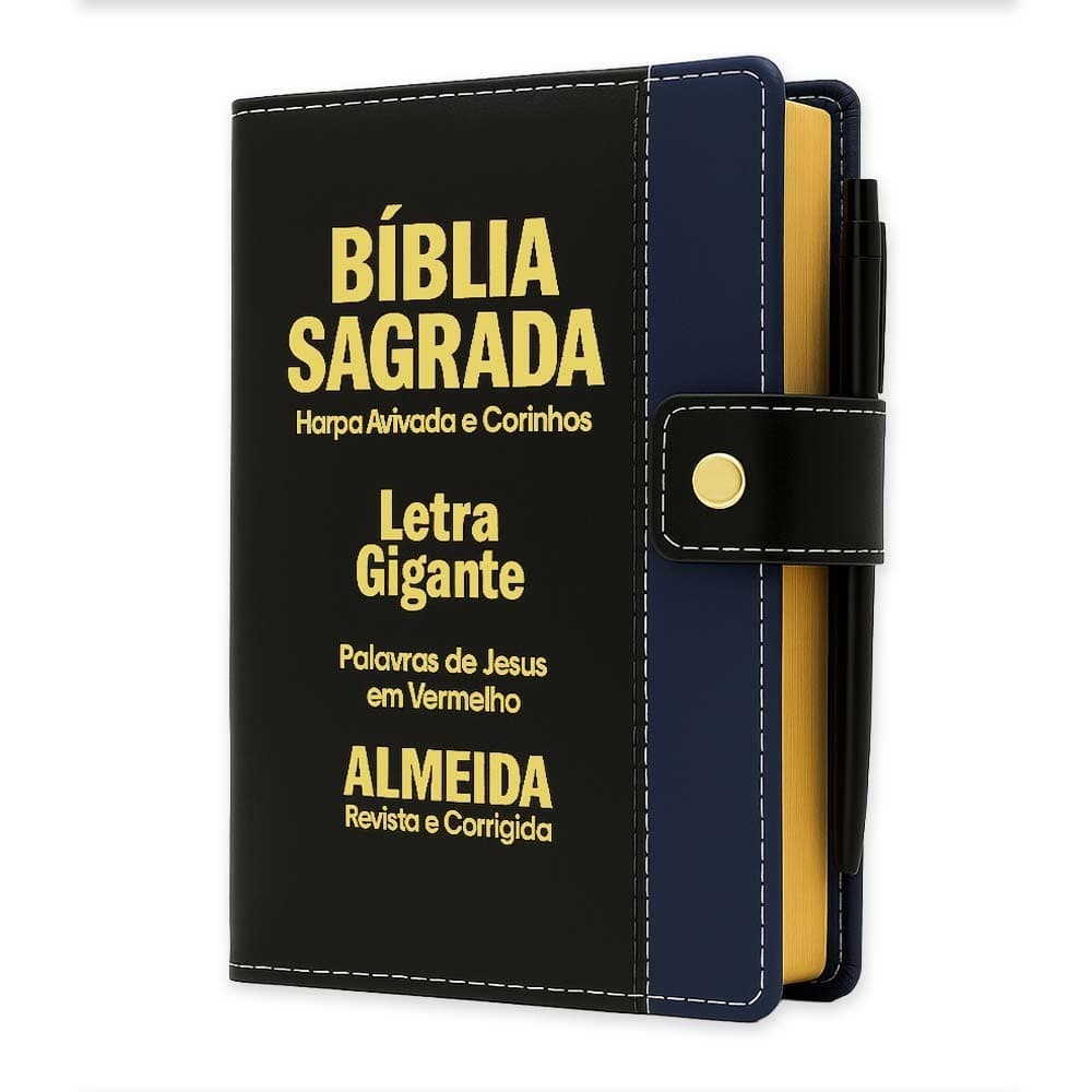 Bíblia Sagrada Letra Gigante - Preto C/ Azul - Botão e Caneta Revista e Corrigida - Com Harpa