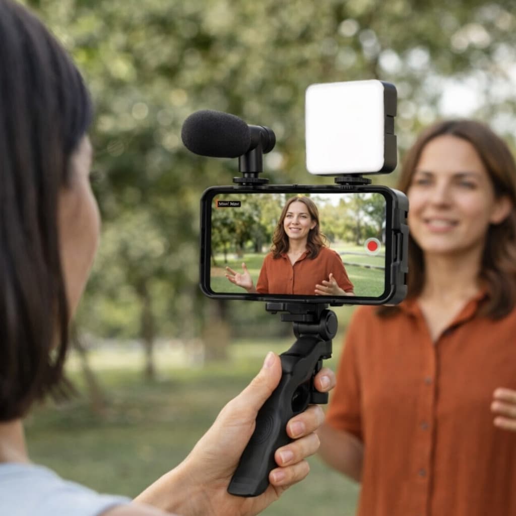 Estabilizador de Mão Tripé Gimbal Microfone Celular Gravação De Vídeo