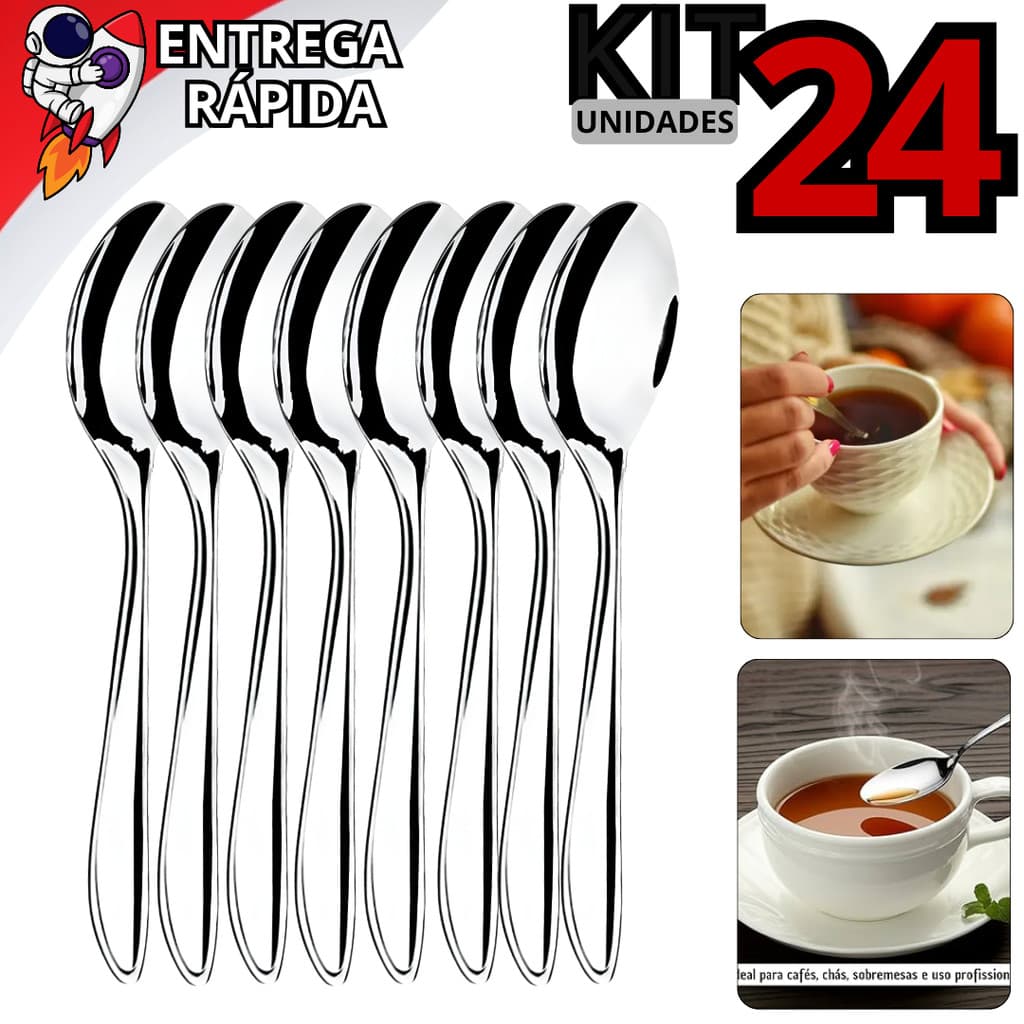 Kit 24 Colheres de Chá Inox Café Sobremesa Premium