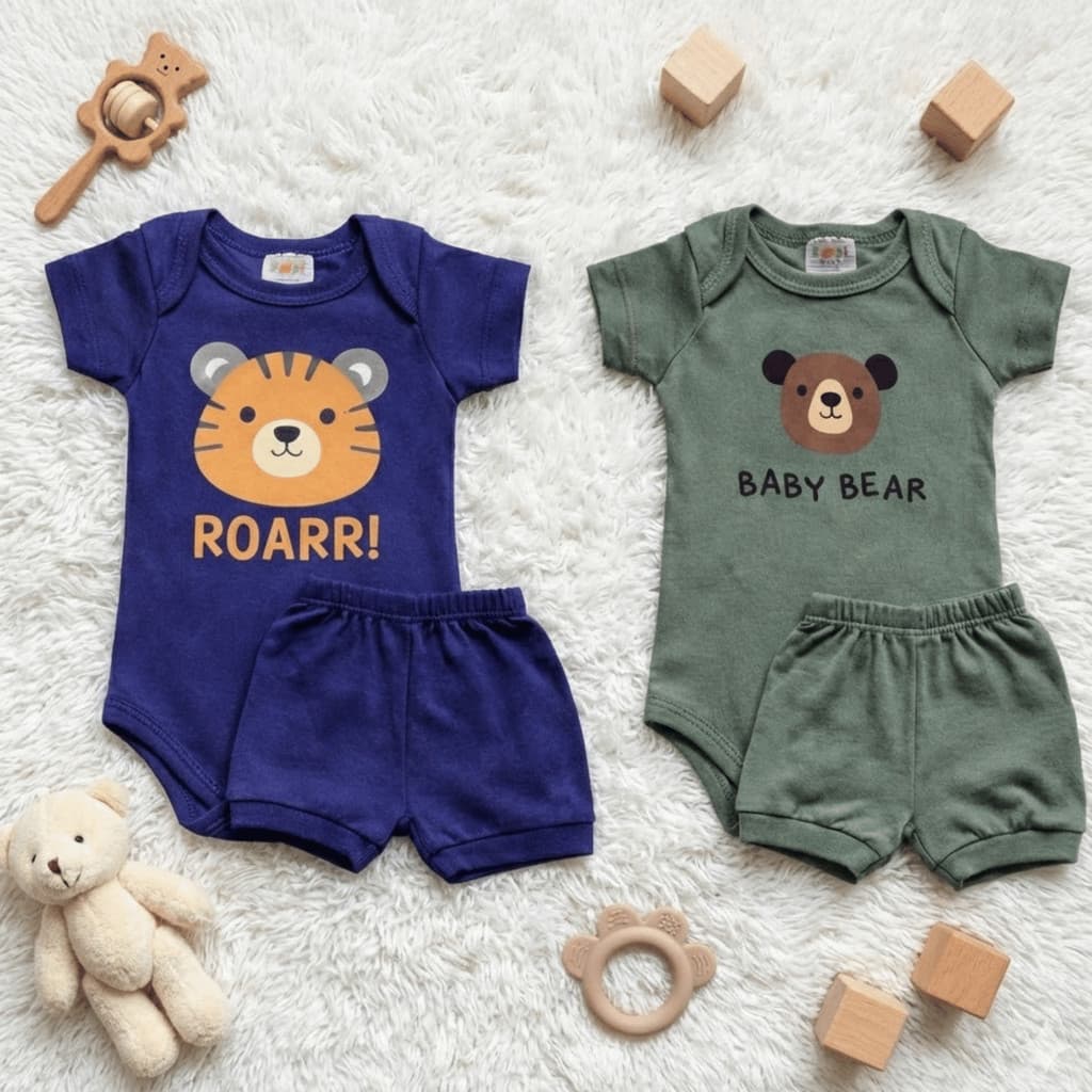 Kit 4 Peças Bebê Menino Verão Algodão | Body Manga Curta + Short Sortido