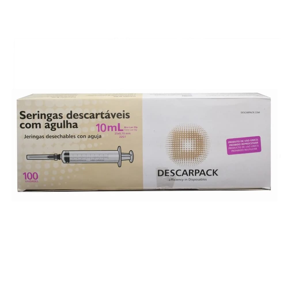 SERINGA 10ML COM AGULHA 25X0,70 SLIP DESCARPACK  CX COM 100 UNIDADES
