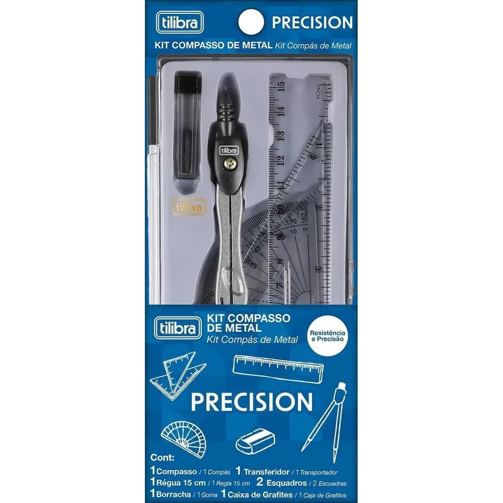 Kit Compasso Reguas Escolar Precision 7 Pçs Estojo Tilibra Cor Cinza