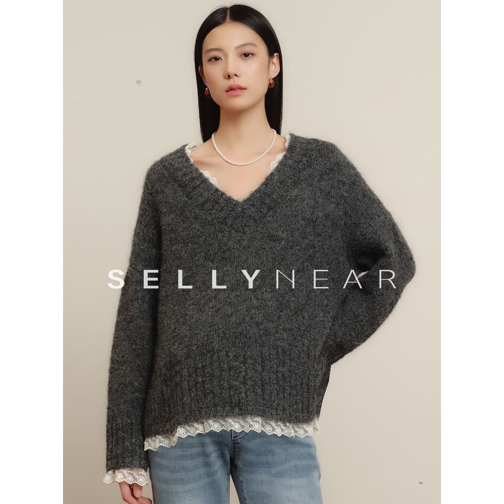 SELLYNEAR Maternidade Outono Inverno Suéter 2025 Novo Estilo Moda Com Decote Em v Renda Costura Pulôver Macio Suéter