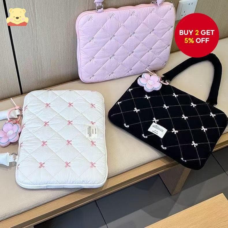 Capa Acolchoada Para Laptop Com Laço Bordado-Estilo Coreano Tablet De 11/13/15 Polegadas