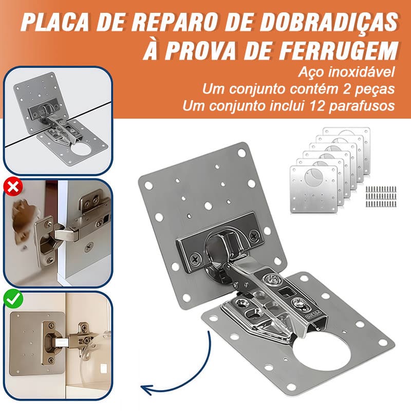 Kit Placas de Reparo para Porta Armário Aço Inox Reforço de Dobradiça com Parafusos Instalação Fácil