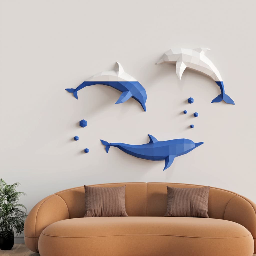 MOMO Molde de papel tridimensional Grupo de golfinhos montado na parede Animal marinho Golfinho Peixe Sala de estar Quar