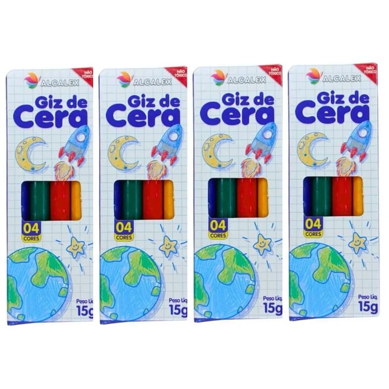 KIT Giz de Cera 4 Cores Kit Festa Lembrancinha Artesanato Infantil Alcalex 15g
