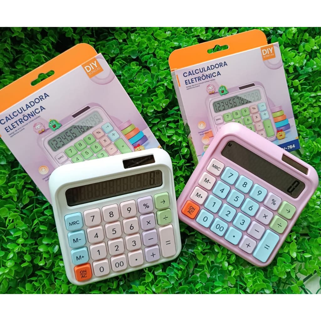 Calculadora Eletrônica Fofa Infantil Decorada Branca ou Rosa com Painel Solar