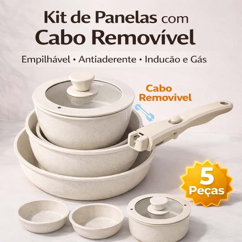 Kit Panelas Cerâmica Empilhável com Cabo Removível Indução e Gás Antiaderente Premium