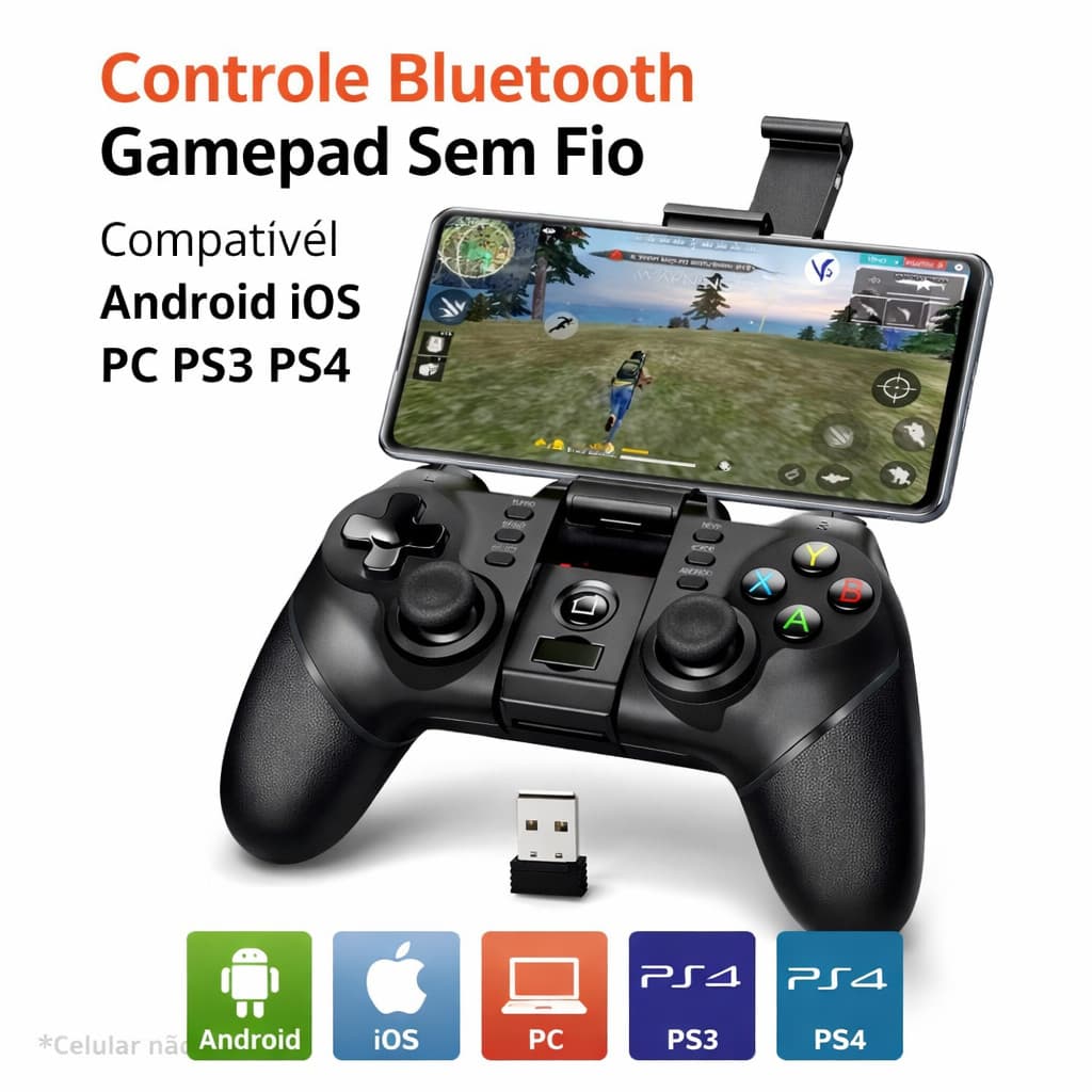 Controle Gamepad Bluetooth Sem Fio com Suporte para Celular, Compatível Android iOS PC PS3 PS4 Universal Gamer USB