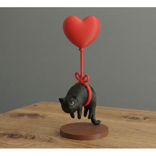 Estatueta Gato Flutuante Com Balão De Coração Decorativo Preto