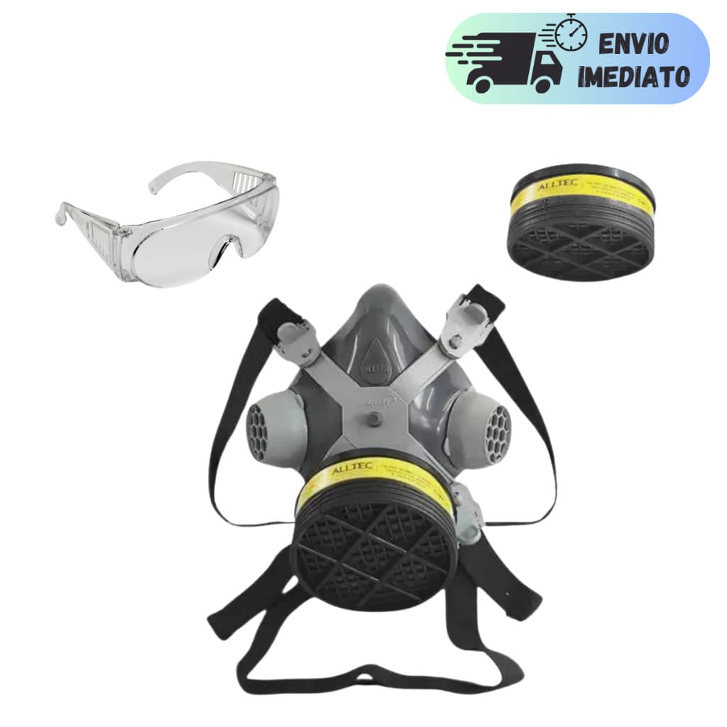 KIT RESPIRADOR ALLTEC 2001 + OCULOS DE PROTEÇÃO E FILTRO QUÍMICO PARA PINTURAS RESINAS E PÓ PROTEÇÃO