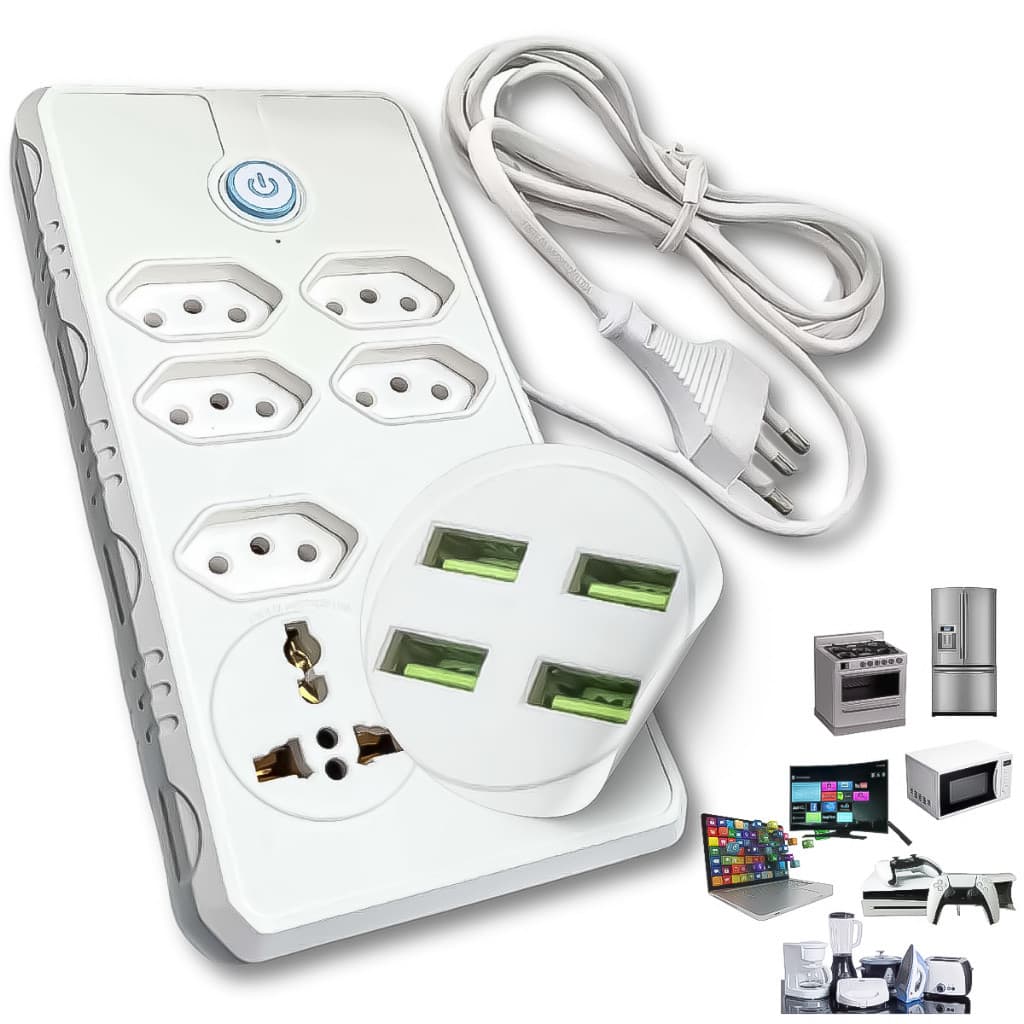 Extensão Filtro de Linha Régua Elétrica 7 Tomadas Com 4 USB e 1 Adaptador Universal Bivolt 110v/220v