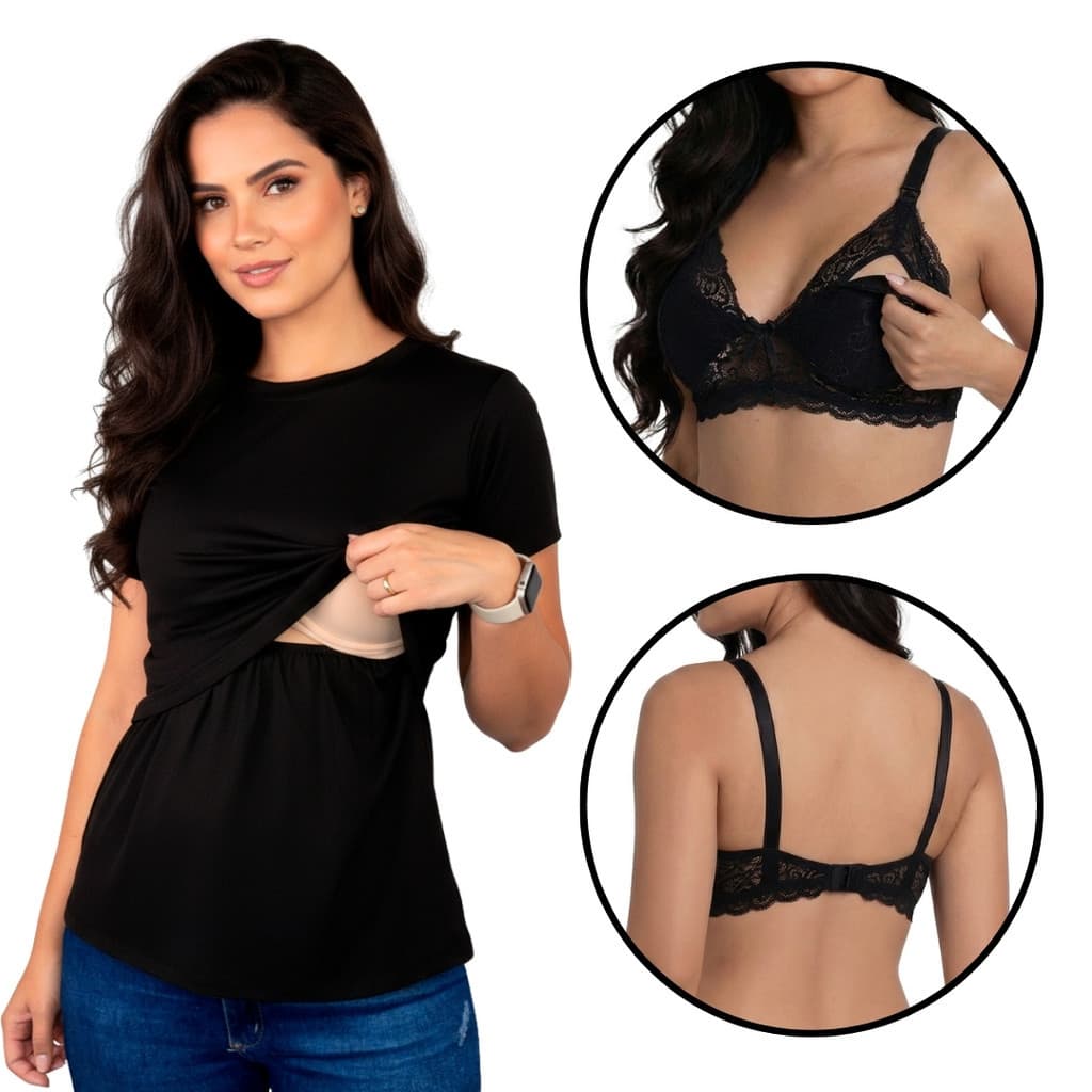 Kit Blusa + Sutiã Amamentação Gestante Maternidade Abertura Frontal Pós Parto Confortável