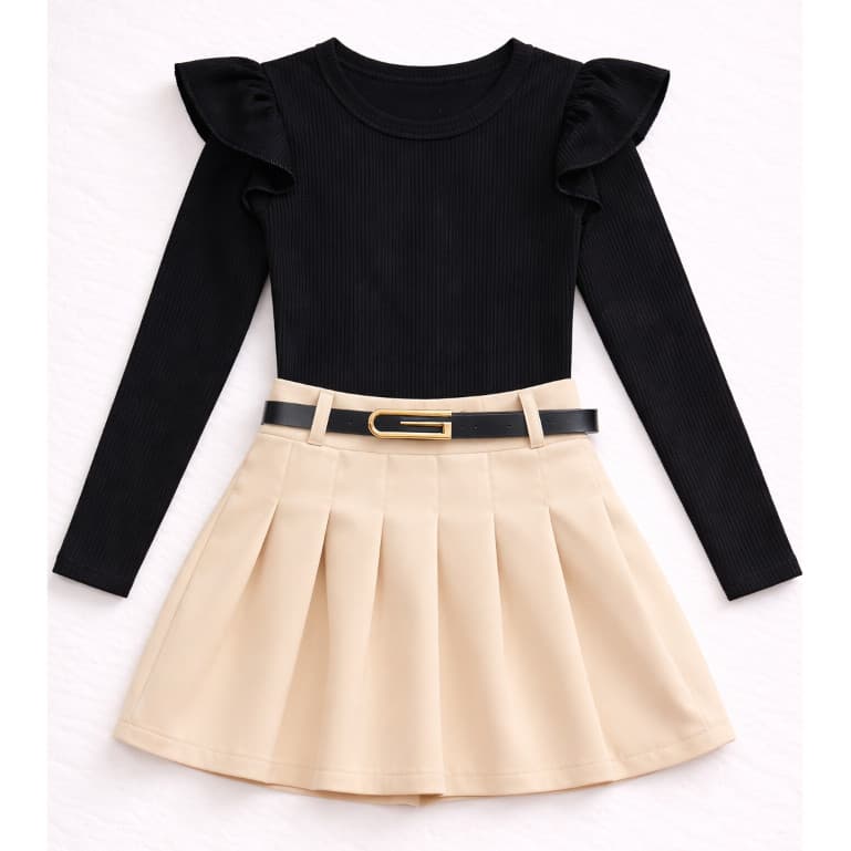 Conjunto Infantil 2 Peças blusa manga longa + short saia com cinto Menina tamanhos 4,6,8,10,12