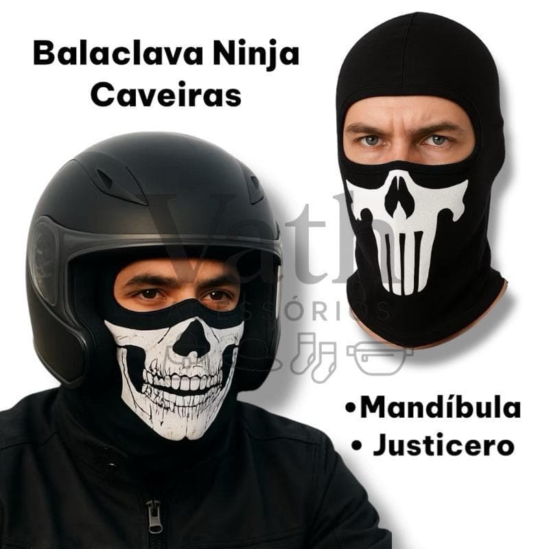 Touca Ninja Balaclava Caveira e Justiceira  Moto Bike Paintball Frio Térmica Proteção UV+50 Preta