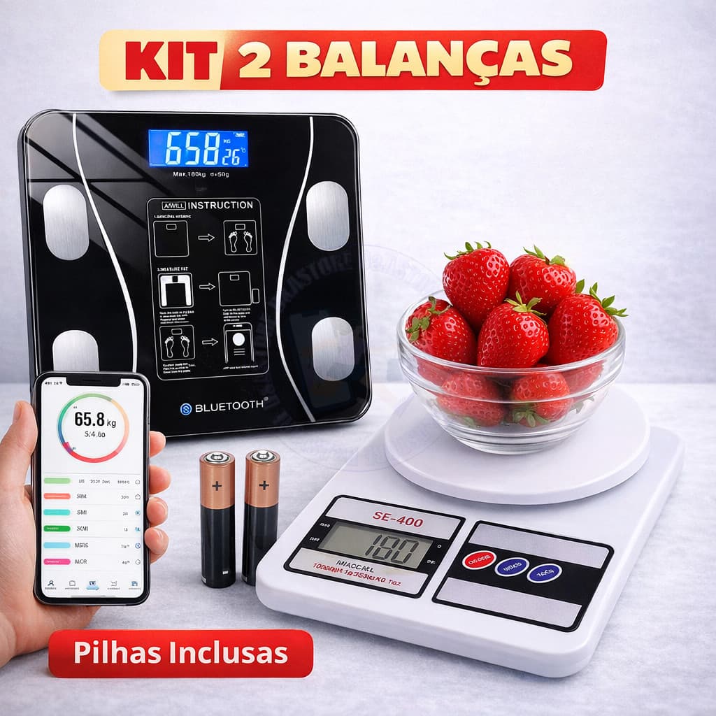 KIT 2 Balanças Digitais Kit Balança Bioimpedância Inteligente + Balança de Cozinha Alta Precisão
