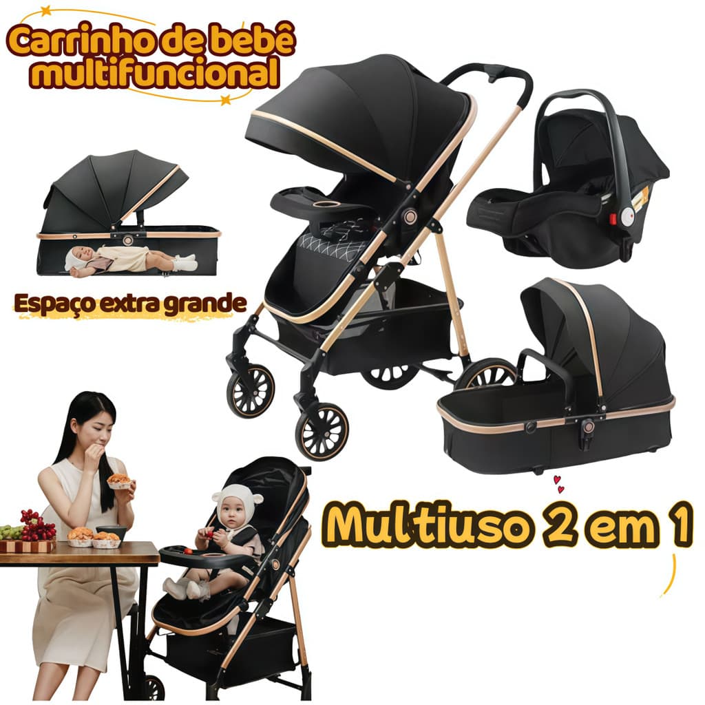 Carrinho 3 em 1 Portátil Do Recém-carrinho de bebê Grande Dobra com 1 Mão | Inclui Berço e Ovo (Bebê Conforto)