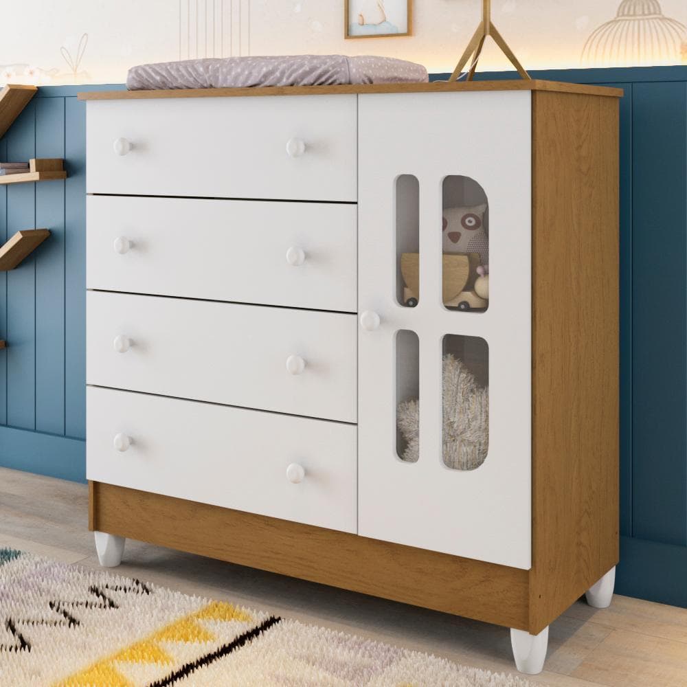 Cômoda Infantil 4 Gavetas com Porta Fraldário Gabrielle 100% MDF Branco Bétula