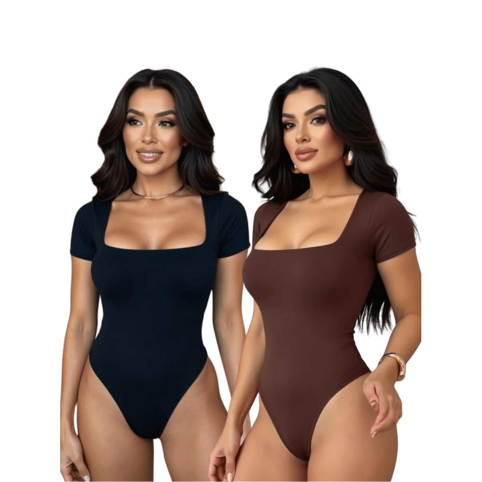 Kit Com 2 Body Feminino Manga Curta Decote Quadrado Suplex Liso