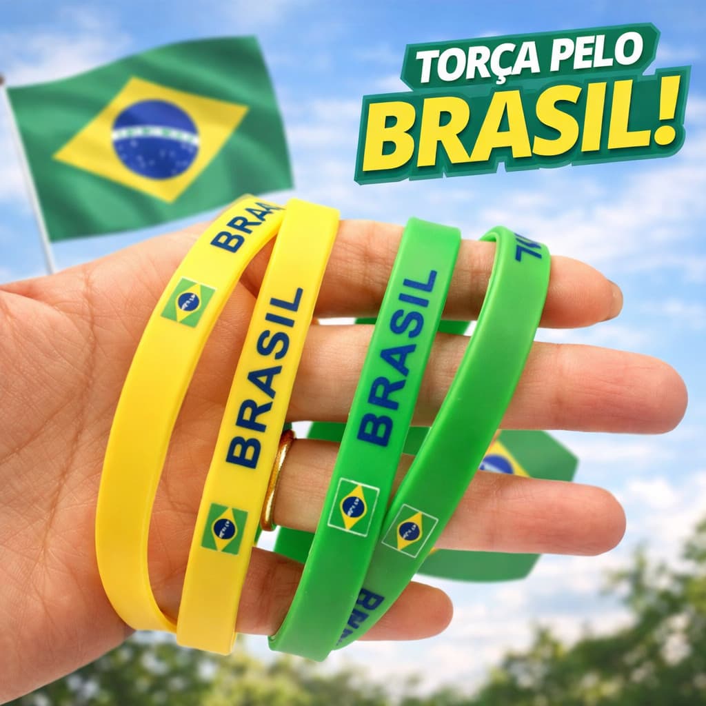 Pulseiras de Silicone Brasil Verde e Amarelo | Modelo Unissex | Kit com 4 / 8 / 12 / 24 Unidades