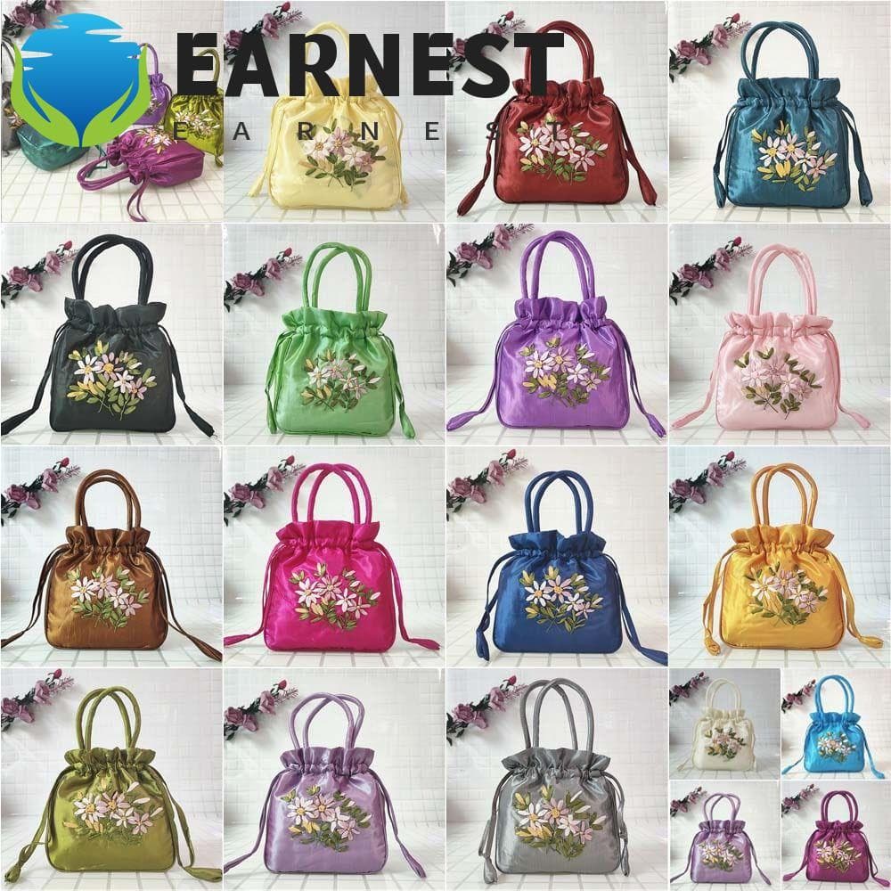 EARNEST Bordado Flor Bolsa , Estilo Étnico Cetim Seda Hanfu Cordão Saco , Lancheira Pequena Carteira