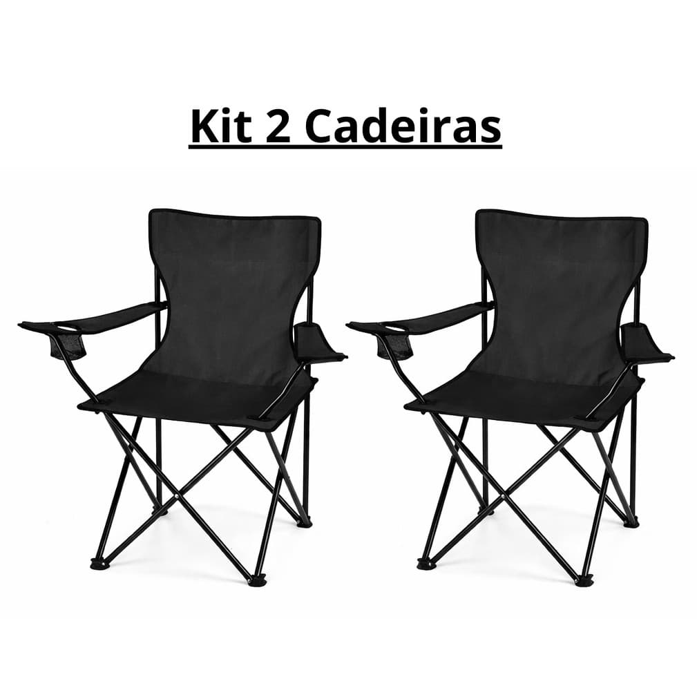 kit2  Cadeira Dobrável Camping Portátil Com Apoio De Braço e Porta Copo Suporta 130kg supercasa
