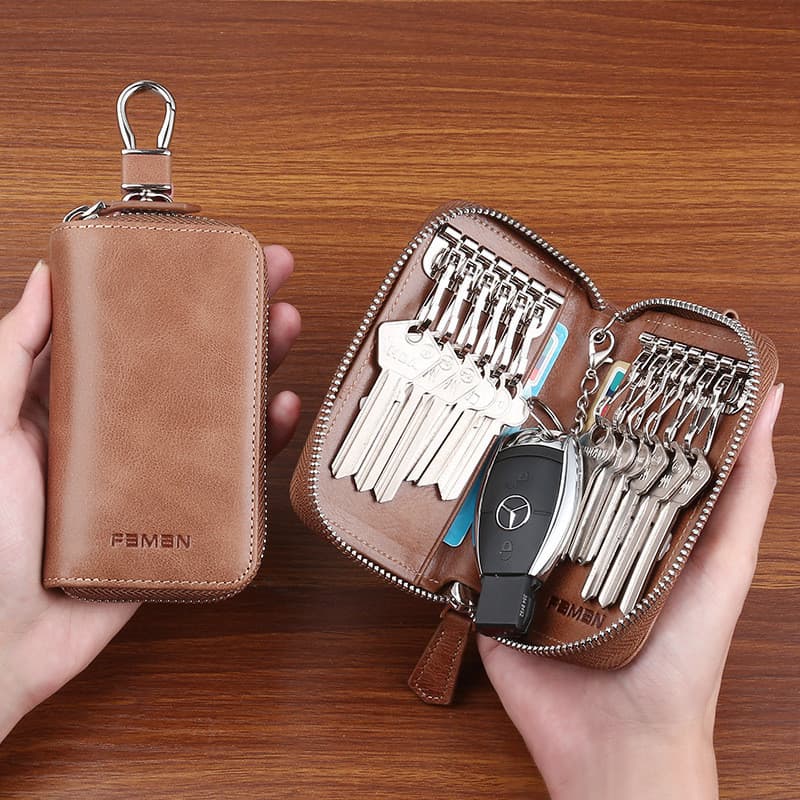 Organizador de Chaves Multifuncional Vintage em Couro Genuíno de Grande Capacidade para Homens, Estojo para Chaves de Ca