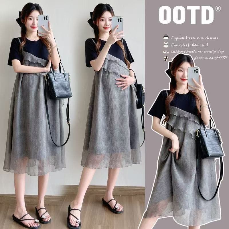 Roupa de maternidade 2025 moda terno elegante barriga cobrindo falso de duas peças solto saia de maternidade 3.22