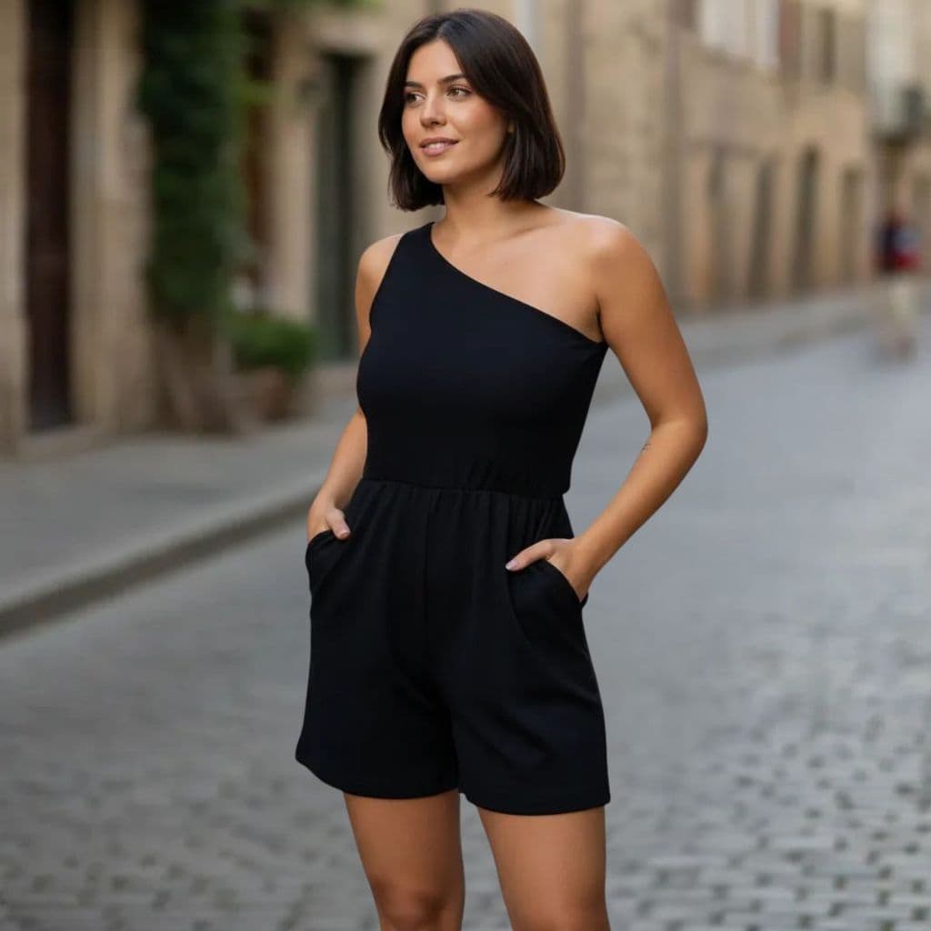 Macaquinho Feminino Um Ombro Só Soltinho Macacão Curto Algodão com Bolso Sofisticado