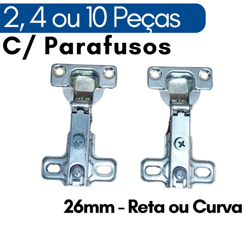 Dobradiça para Moveis 26mm Kit Dobradiças Reta e Curva p Armario Guarda Roupa Marcenaria c Parafuso