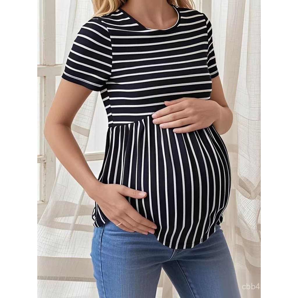 Europeu americano em torno do pescoço manga curta cintura alta mulheres grávidas camiseta maternidade capa barriga