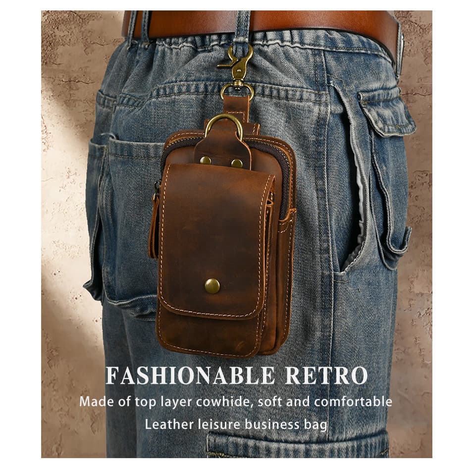 Bolsa de Cintura Vintage em Couro Crazy Horse, Bolsa de Cinto em Couro de Primeira Camada, Bolsa Multifuncional de Couro