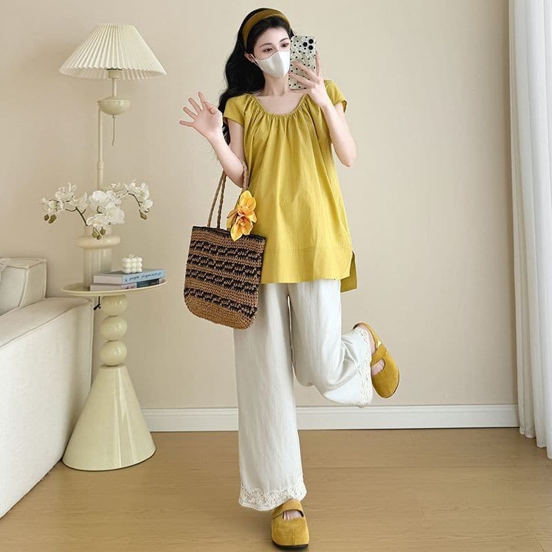 Terno de maternidade 2025 gravidez estilo francês usar capa maternidade barriga superior calças de perna larga terno de 