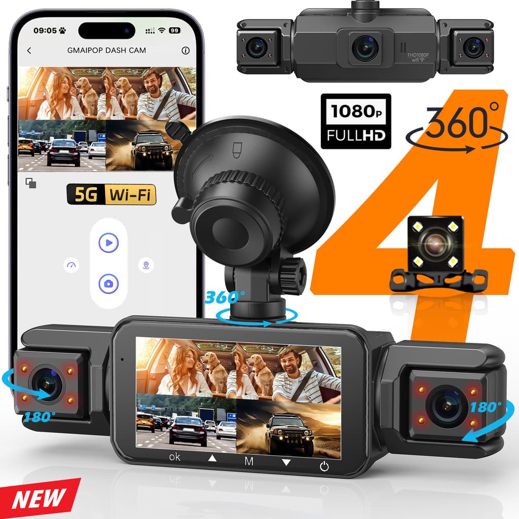 Dashcam Para Carros 4 Canais Caixa Preta WiFi Câmera De Condução FHD 1080P Visão Noturna Gravação De Loop Adicionar kit 