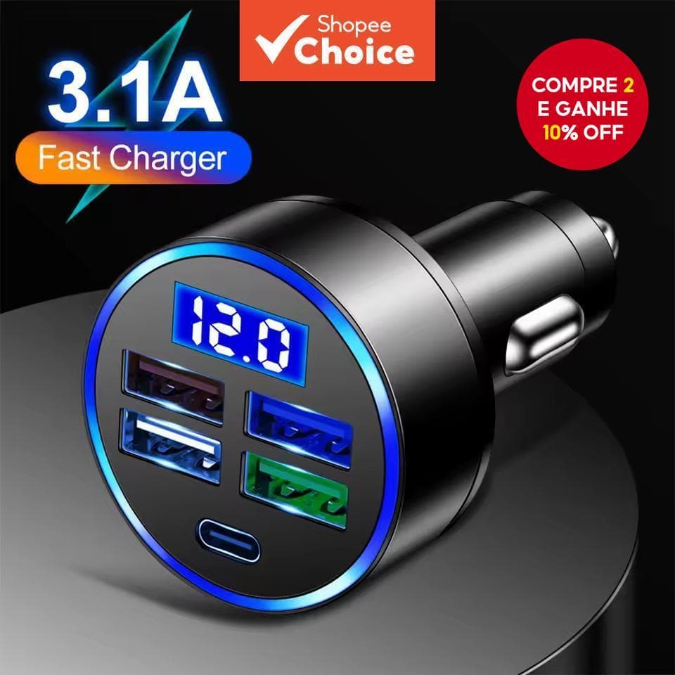 15.5W 4USB Carregador de Carro Tipo-C Display Digital Carregador de Energia para Carro 5V 3.1A Com Detecção de Voltagem