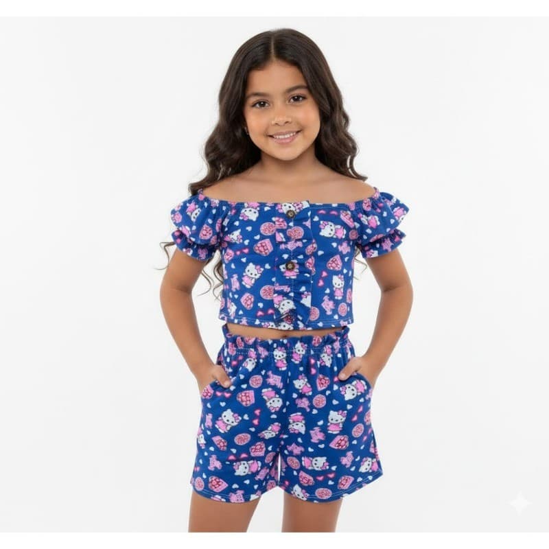Conjunto Infantil Feminino Suplex Menina 1 - 10 Anos,  Estampa Gatinha Desenhos