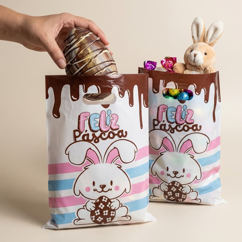 Kit 50 Sacolas Plásticas Páscoa 30x40 Alça Vazada Confeitaria Coelhinho Feliz PEAD Alta Densidade