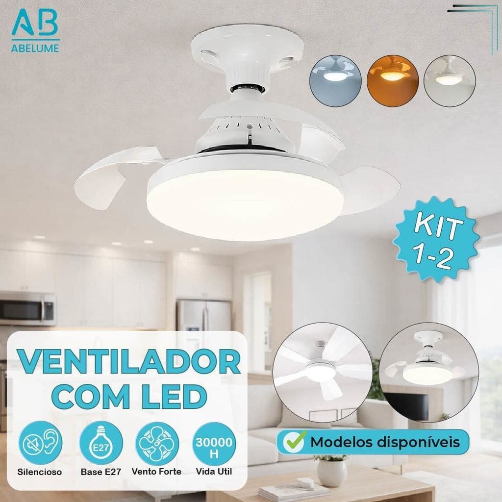 Ventilador de Teto Retrátil Lâmpada 3 Cores Silencioso 60W ou 100W Pás Design Sofisticado Bivolt