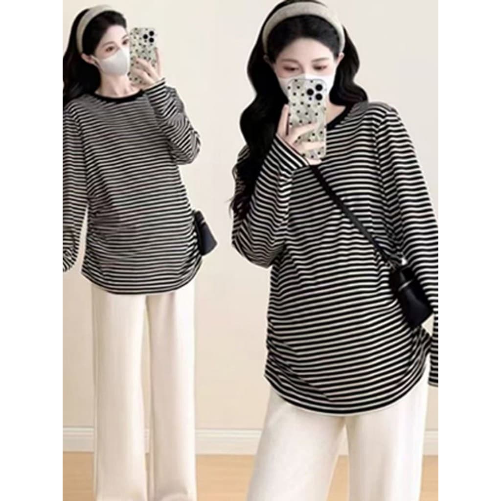 Mulheres grávidas primavera outono roupas ins manga comprida tamanho grande listrado camiseta feminina inverno coreano c