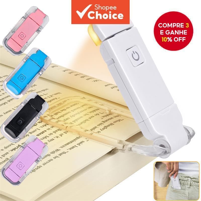  Lâmpada de leitura LED com clipe, proteção para os olhos, luz noturna USB dobrável, brilho ajustável em três cores,