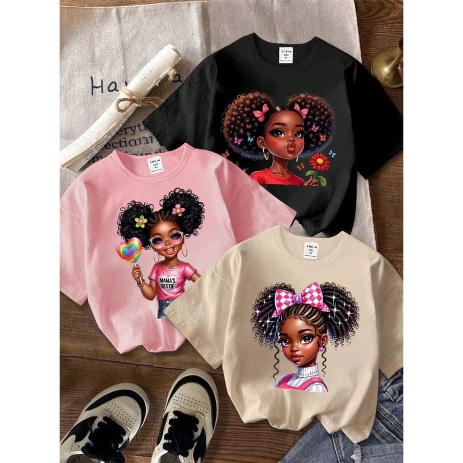 Kit 3 Camiseta Feminina Infantil 100% Algodão Tshirt Estampada Meninas Gola Redonda e Manga Curta Leve e Fresca