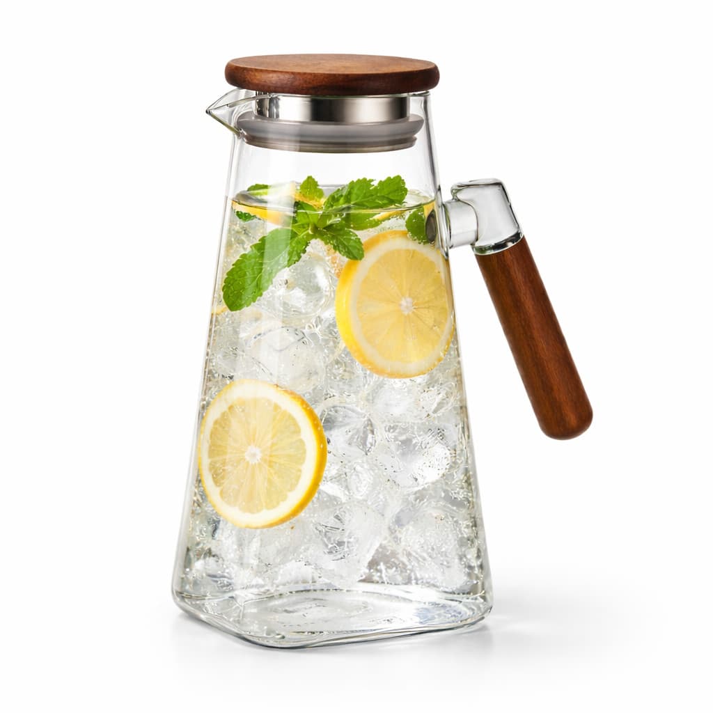 Jarra de Vidro Borossilicato Tampa Alça Bambu Suco Chá 1,5L