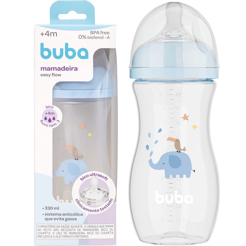 Mamadeira Buba 330ml +4 Meses Anticólica Ultra Soft Tamanho 3 Fluxo 3 Menino Elefante Azul Easy Flow