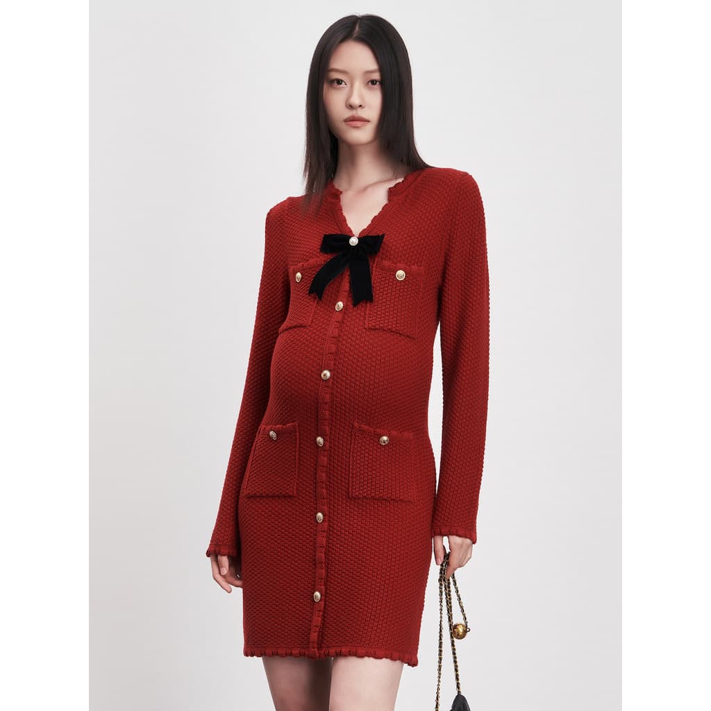SELLYNEAR Maternidade Desgaste Primavera Outono Novo Estilo Vestido Vermelho Filha Estilo Arco Ano Novo Saia De Malha
