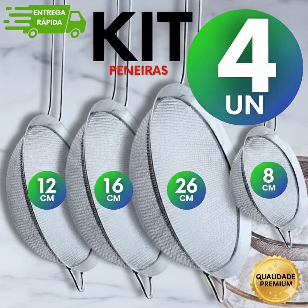 Jogo 4 Peneiras Aço Inox Profissional 8, 12, 16 e 22cm Reforçada