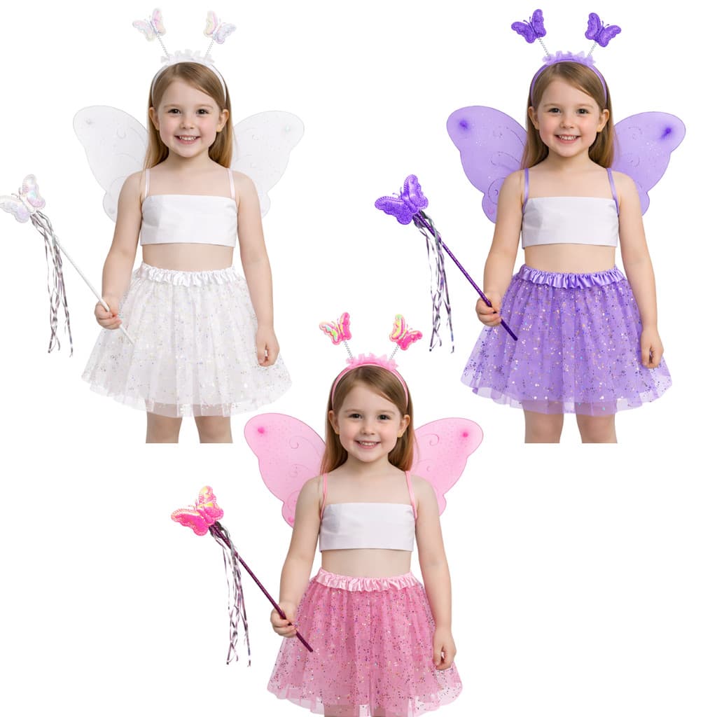 Kit Fantasia Borboleta Fada Infantil com Asa, Saia de Tule, Varinha e Tiara para Festa