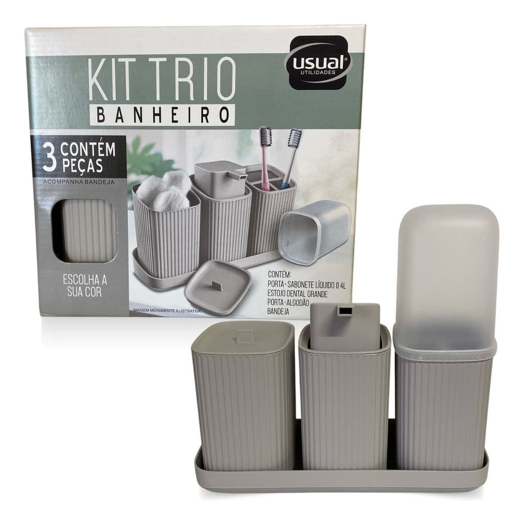 Kit Banheiro 3 Peças Porta Algodão Sabonete Líquido Suporte Escova