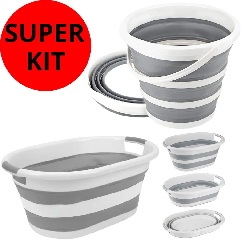 Kit Com Balde Retrátil 10 Litros E Cesto Dobrável 26 Litros Silicone Resistente Com Alça Powermaid