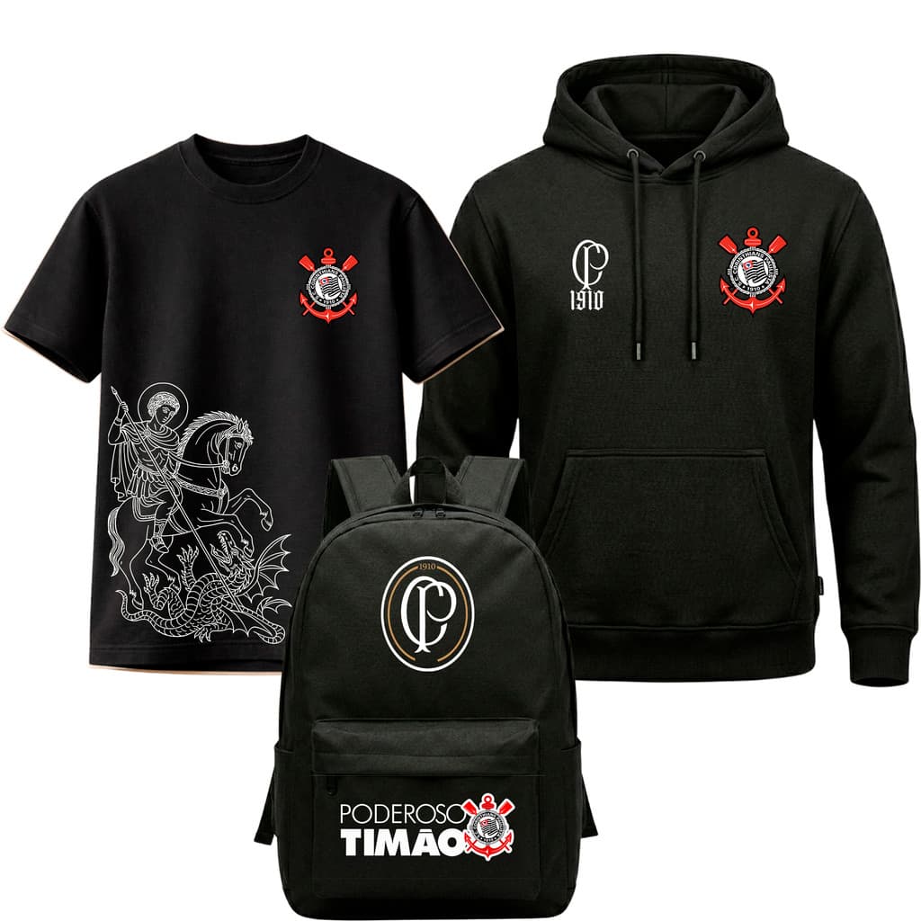 Kit Corinthians São Jorge Moletom + Camiseta + Mochila Timão